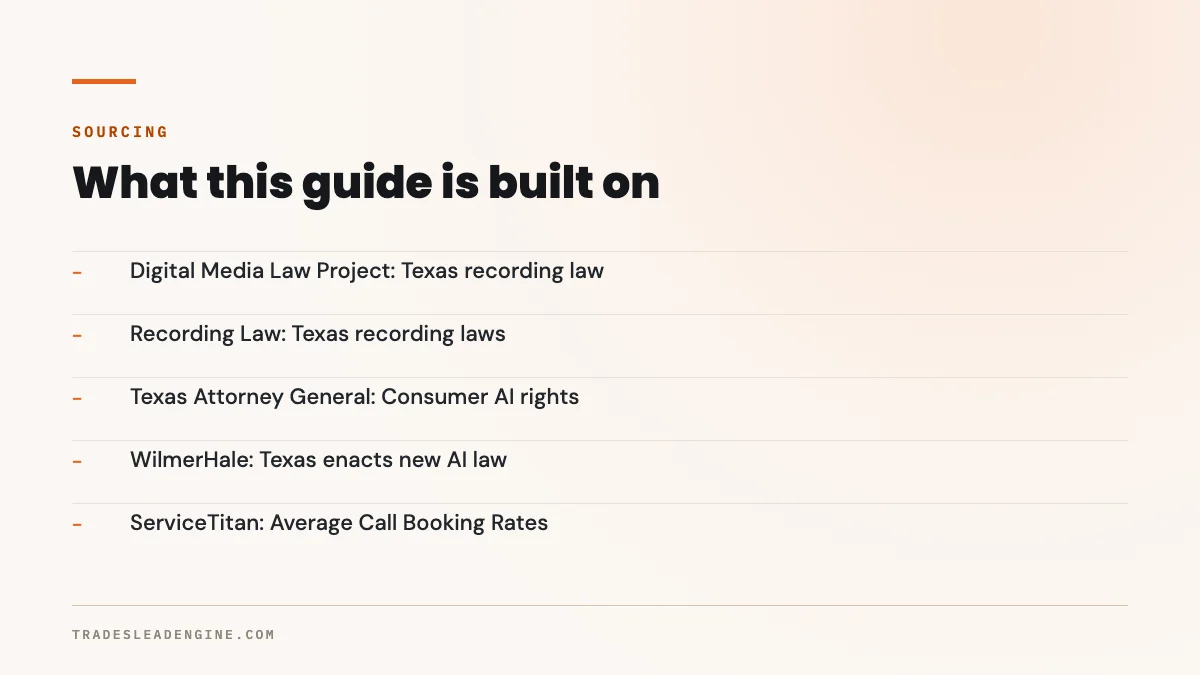 Fuentes primarias usadas en esta guía sobre el agente telefónico con IA: Digital Media Law Project: ley de grabación de Texas; Recording Law: leyes de grabación de Texas; Fiscal General de Texas: derechos del consumidor sobre IA; WilmerHale: Texas aprueba una nueva ley de IA; ServiceTitan: tasas promedio de agendamiento de llamadas.