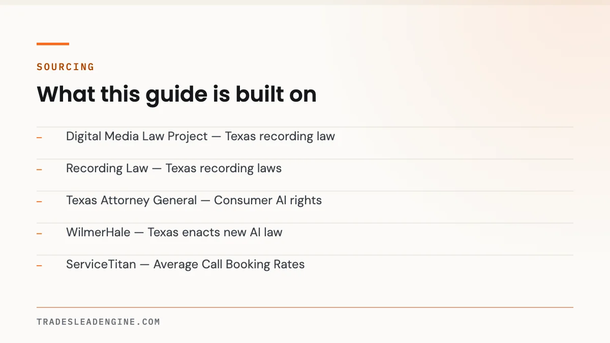 Is It Legal to Run an AI Phone Agent and Record Calls in Texas? 5 Primary sources used for this guide on ai phone agent: Digital Media Law Project — Texas recording law; Recording Law — Texas recording laws; Texas Attorney General — Consumer AI rights; WilmerHale — Texas enacts new AI law; ServiceTitan — Average Call Booking Rates