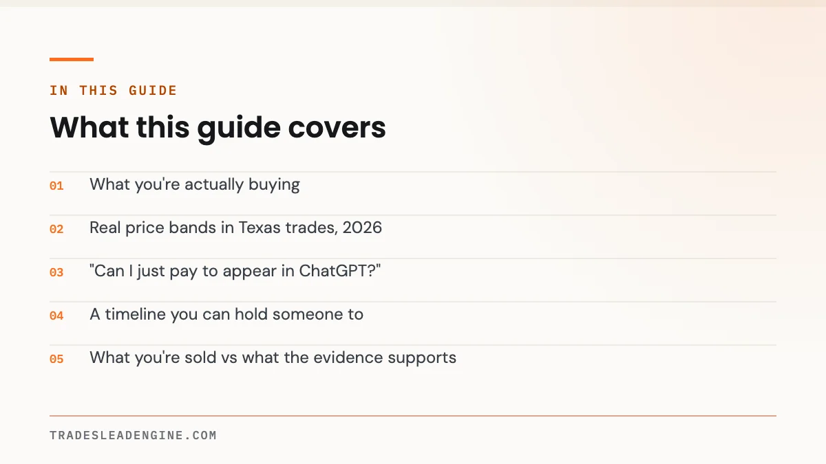 What AI Search Optimization Actually Costs a Contractor — and What It Can't Do 2 What this guide on ai search optimization covers: What you're actually buying; Real price bands in Texas trades, 2026; "Can I just pay to appear in ChatGPT?"; A timeline you can hold someone to; What you're sold vs what the evidence supports