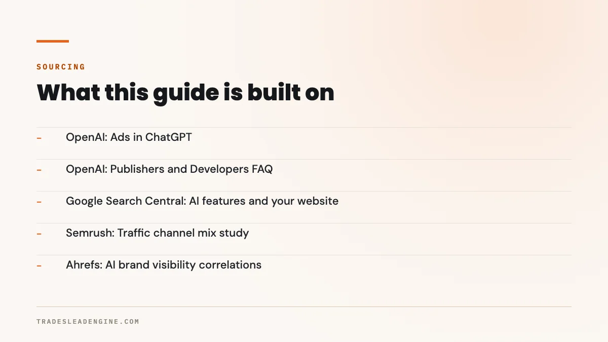 Cuánto cuesta realmente el posicionamiento en búsquedas con IA para un contratista (y lo que no puede hacer) 5 Fuentes principales de esta guía sobre posicionamiento en búsquedas con IA: OpenAI, anuncios en ChatGPT; OpenAI, preguntas frecuentes para editores y desarrolladores; Google Search Central, funciones de IA y su sitio web; Semrush, estudio de la mezcla de canales de tráfico; Ahrefs, correlaciones de visibilidad de marca en IA.