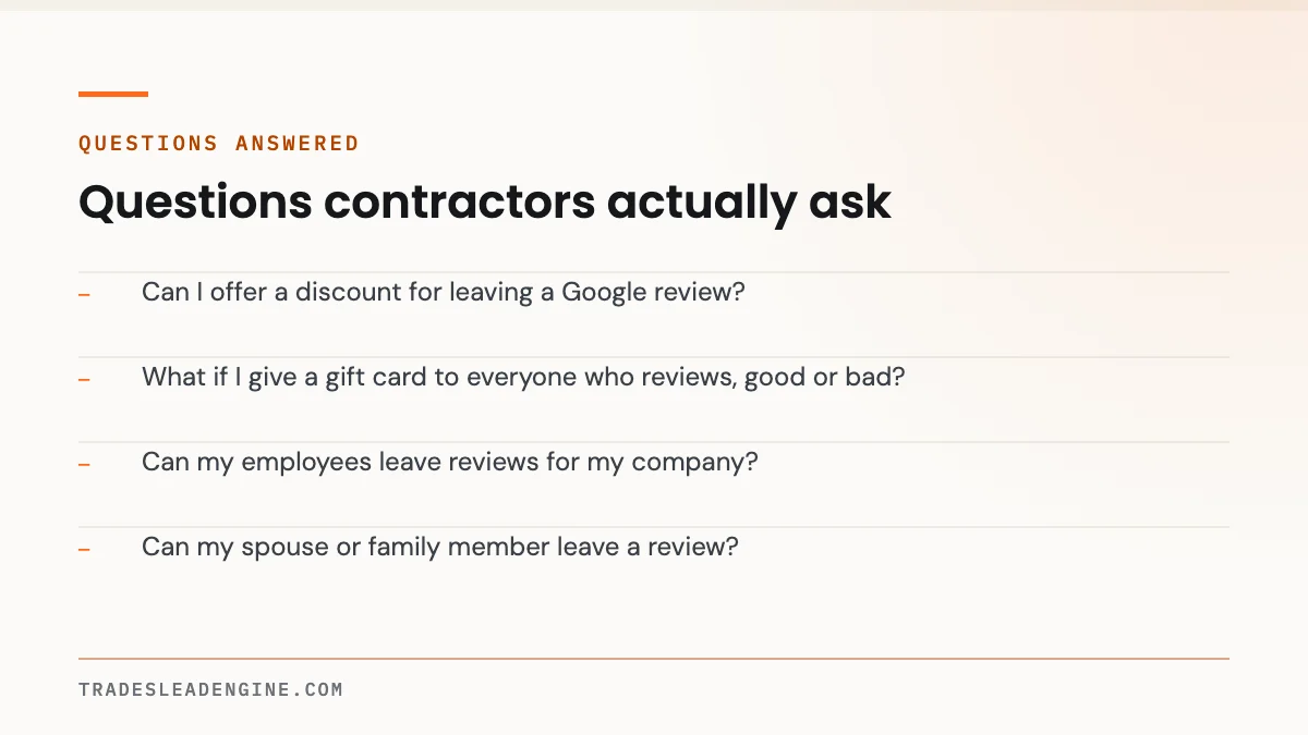 Can You Pay for Google Reviews? The Actual Rules in 2026 (Google + FTC) 4 Questions answered about google reviews: Can I offer a discount for leaving a Google review? What if I give a gift card to everyone who reviews, good or bad? Can my employees leave reviews for my company? Can my spouse or family member leave a review?