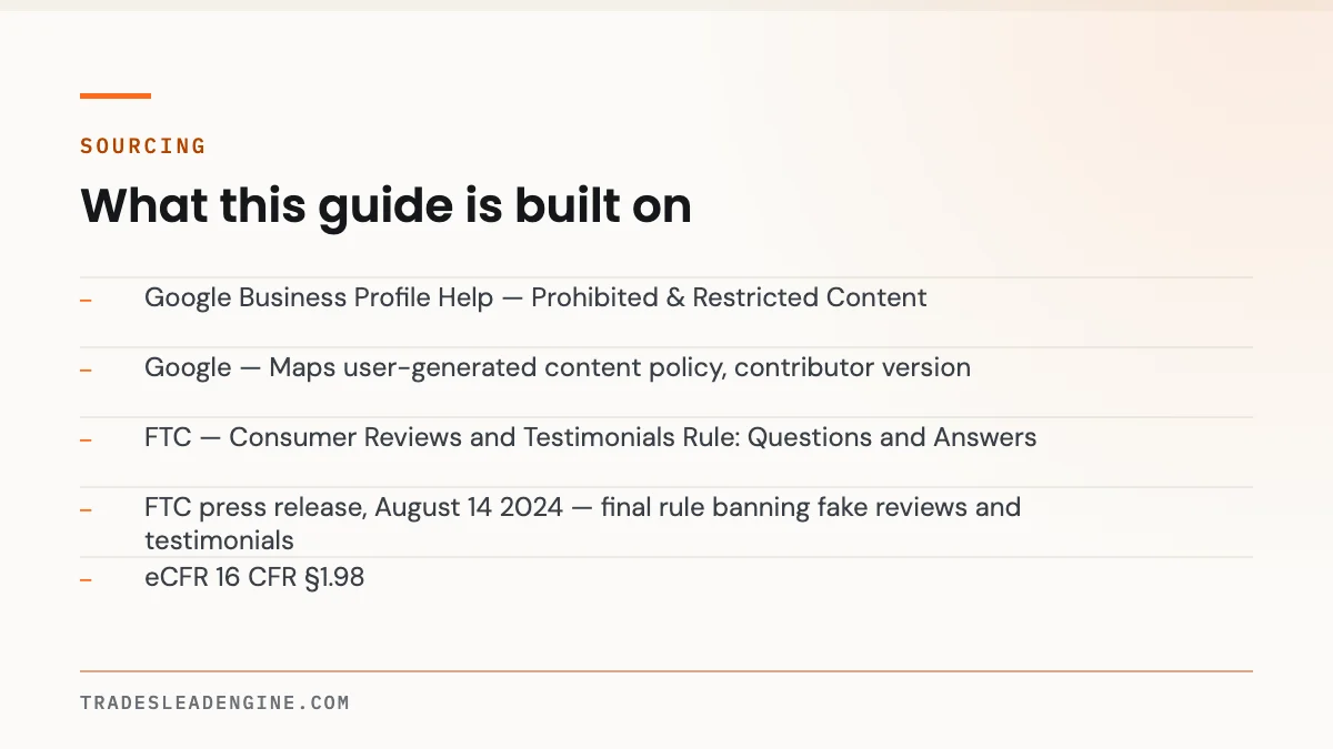 Can You Pay for Google Reviews? The Actual Rules in 2026 (Google + FTC) 5 Primary sources used for this guide on google reviews: Google Business Profile Help — Prohibited & Restricted Content; Google — Maps user-generated content policy, contributor version; FTC — Consumer Reviews and Testimonials Rule: Questions and Answers; FTC press release, August 14 2024 — final rule banning fake reviews and testimonials; eCFR 16 CFR §1.98