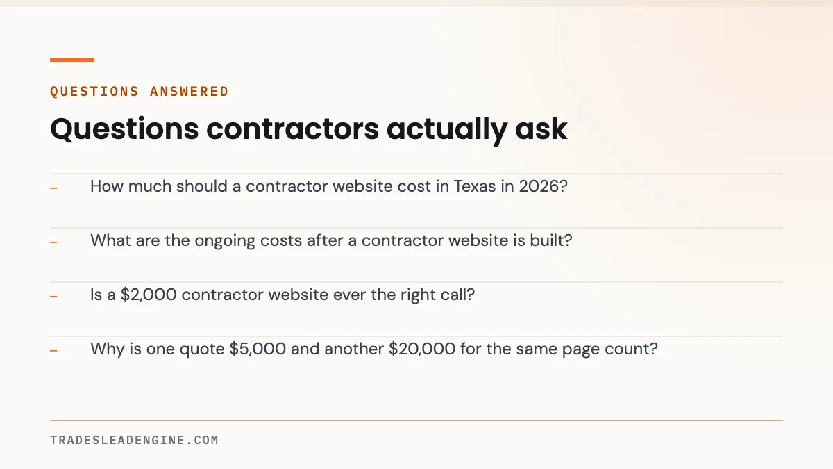 What a Contractor Website Actually Costs in Texas in 2026 4 Questions answered about contractor website: How much should a contractor website cost in Texas in 2026? What are the ongoing costs after a contractor website is built? Is a $2,000 contractor website ever the right call? Why is one quote $5,000 and another $20,000 for the same page count?
