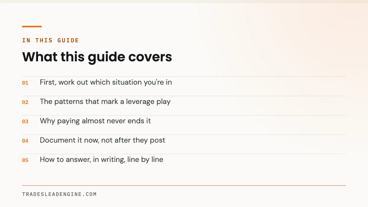Someone Is Threatening a Bad Review Unless I Refund Them. Here's What to Do. 2 What this guide on bad review covers: First, work out which situation you're in; The patterns that mark a leverage play; Why paying almost never ends it; Document it now, not after they post; How to answer, in writing, line by line