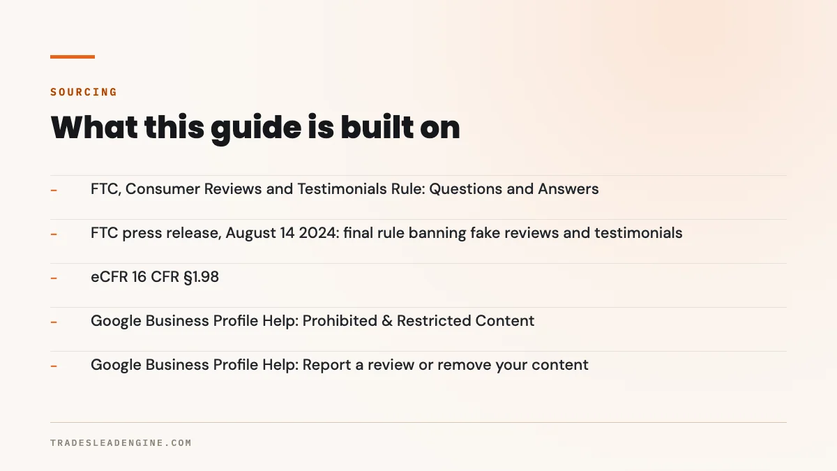Un cliente amenaza con dejarme una mala reseña si no le devuelvo su dinero. Esto es lo que debe hacer. 5 Fuentes primarias de esta guía sobre la amenaza de una mala reseña: FTC, preguntas y respuestas sobre la Regla de Reseñas y Testimonios de Consumidores; comunicado de la FTC del 14 de agosto de 2024 sobre la regla final que prohíbe reseñas y testimonios falsos; eCFR 16 CFR §1.98; Ayuda del Perfil de Empresa en Google: contenido prohibido y restringido; Ayuda del Perfil de Empresa en Google: reportar una reseña o eliminar su contenido.