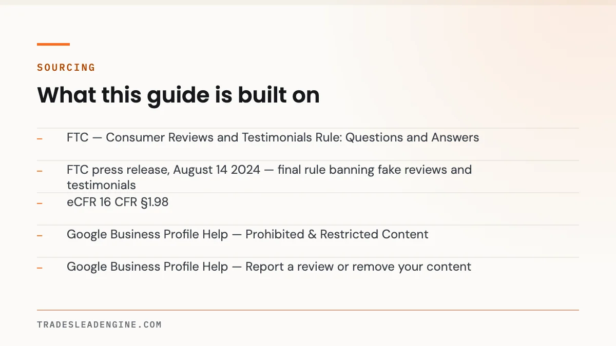 Someone Is Threatening a Bad Review Unless I Refund Them. Here's What to Do. 5 Primary sources used for this guide on bad review: FTC — Consumer Reviews and Testimonials Rule: Questions and Answers; FTC press release, August 14 2024 — final rule banning fake reviews and testimonials; eCFR 16 CFR §1.98; Google Business Profile Help — Prohibited & Restricted Content; Google Business Profile Help — Report a review or remove your content