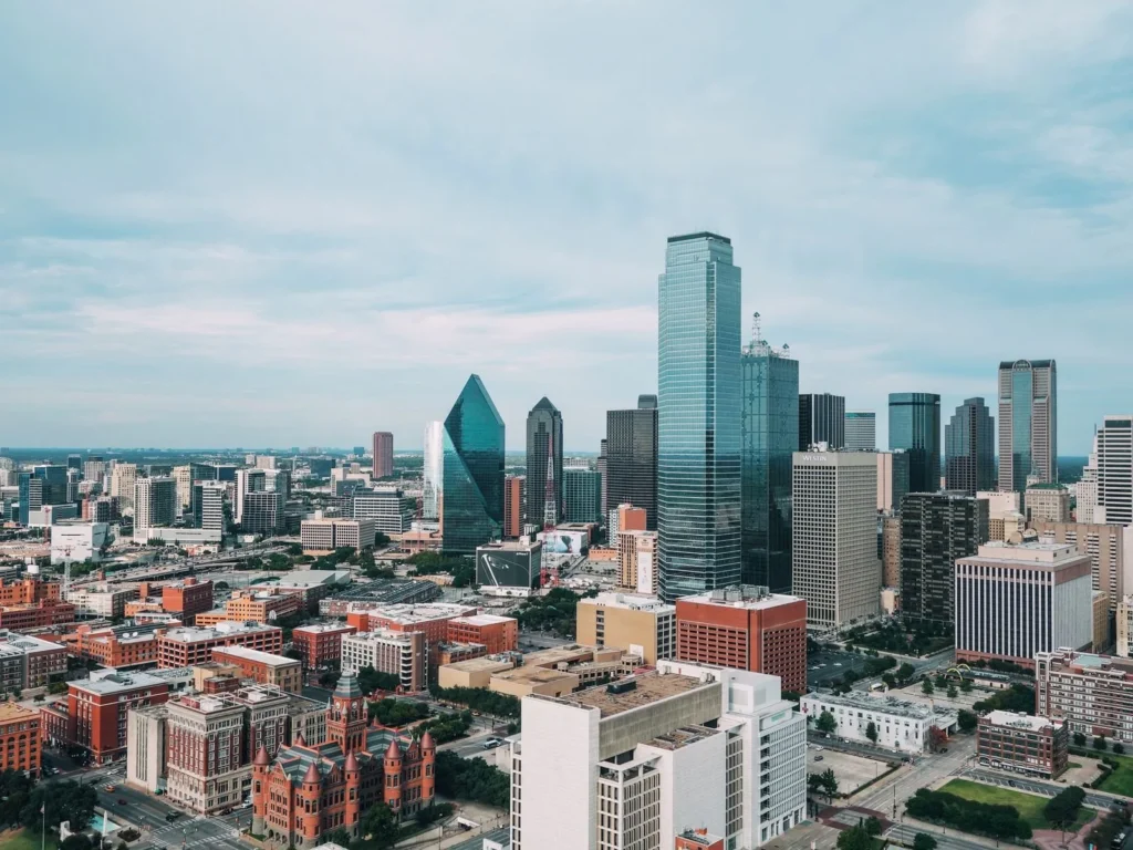 Aerial view of the Dallas skyline, the urban core of the Dallas–Fort Worth metro
