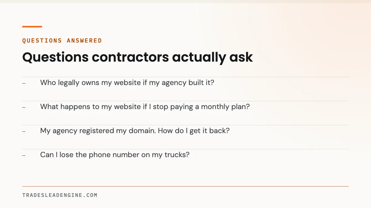Do You Actually Own Your Contractor Website? 9 Questions to Ask Before You Sign 4 Questions answered about own your website: Who legally owns my website if my agency built it? What happens to my website if I stop paying a monthly plan? My agency registered my domain. How do I get it back? Can I lose the phone number on my trucks?