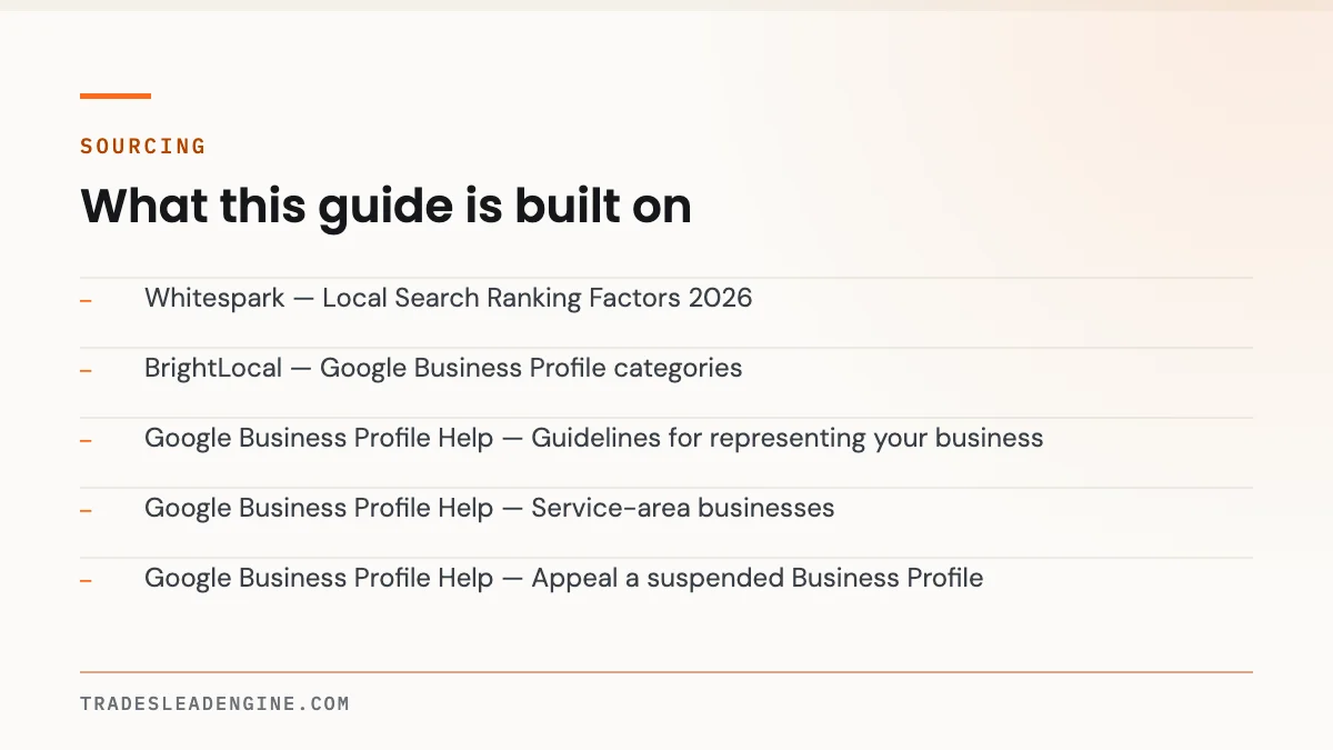 Do Google Business Profile Categories Actually Affect Your Ranking? 5 Primary sources used for this guide on google business profile categories: Whitespark — Local Search Ranking Factors 2026; BrightLocal — Google Business Profile categories; Google Business Profile Help — Guidelines for representing your business; Google Business Profile Help — Service-area businesses; Google Business Profile Help — Appeal a suspended Business Profile