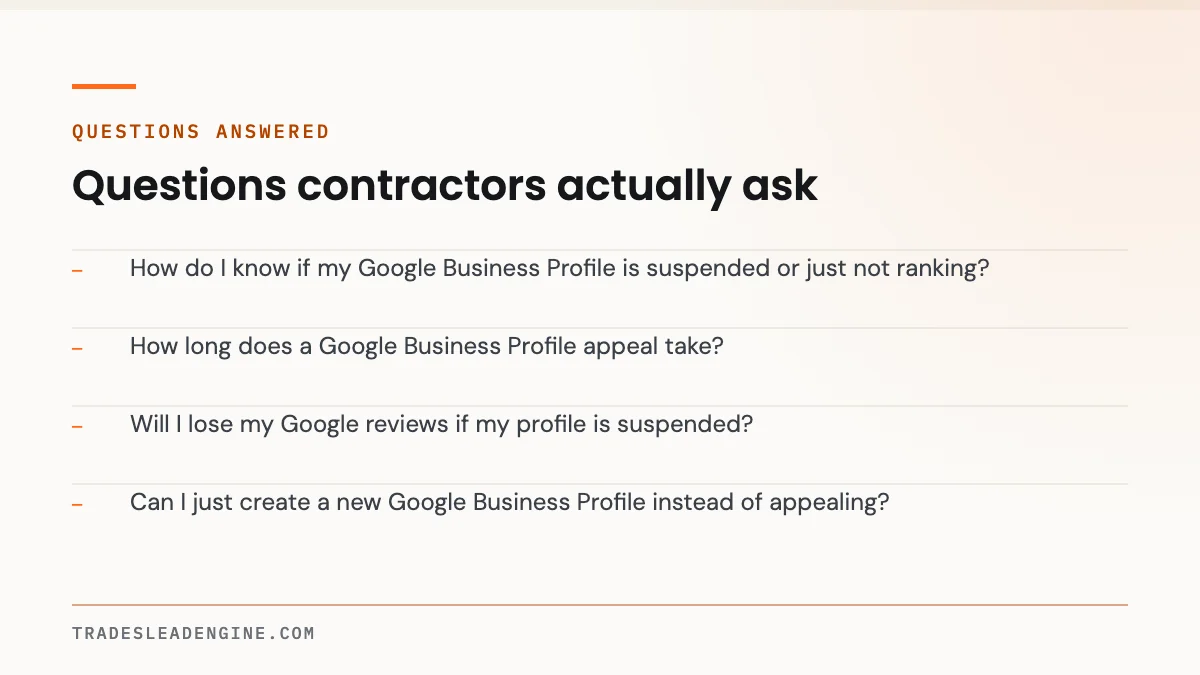 Why Is My Google Business Profile Suspended? A Texas Contractor's Reinstatement Guide 4 Questions answered about google business profile suspended: How do I know if my Google Business Profile is suspended or just not ranking? How long does a Google Business Profile appeal take? Will I lose my Google reviews if my profile is suspended? Can I just create a new Google Business Profile instead of appealing?