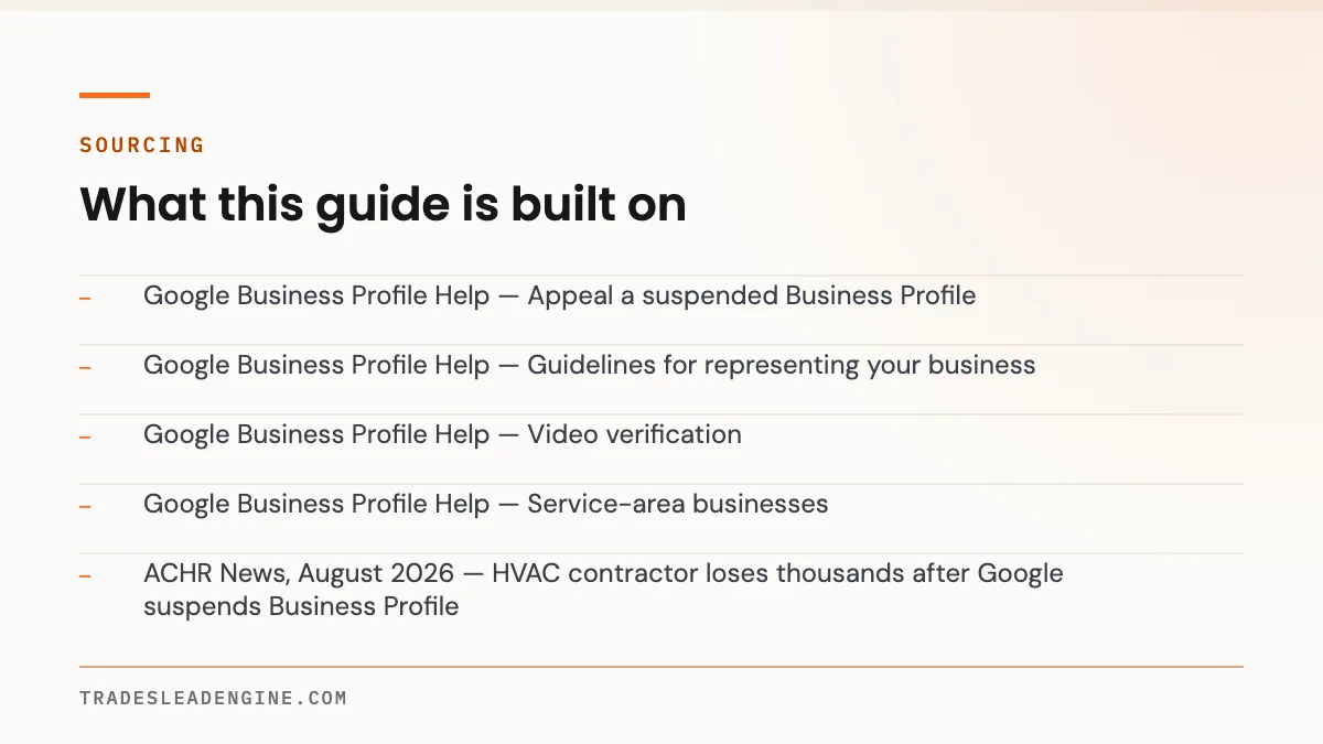 Why Is My Google Business Profile Suspended? A Texas Contractor's Reinstatement Guide 5 Primary sources used for this guide on google business profile suspended: Google Business Profile Help — Appeal a suspended Business Profile; Google Business Profile Help — Guidelines for representing your business; Google Business Profile Help — Video verification; Google Business Profile Help — Service-area businesses; ACHR News, August 2026 — HVAC contractor loses thousands after Google suspends Business Profile