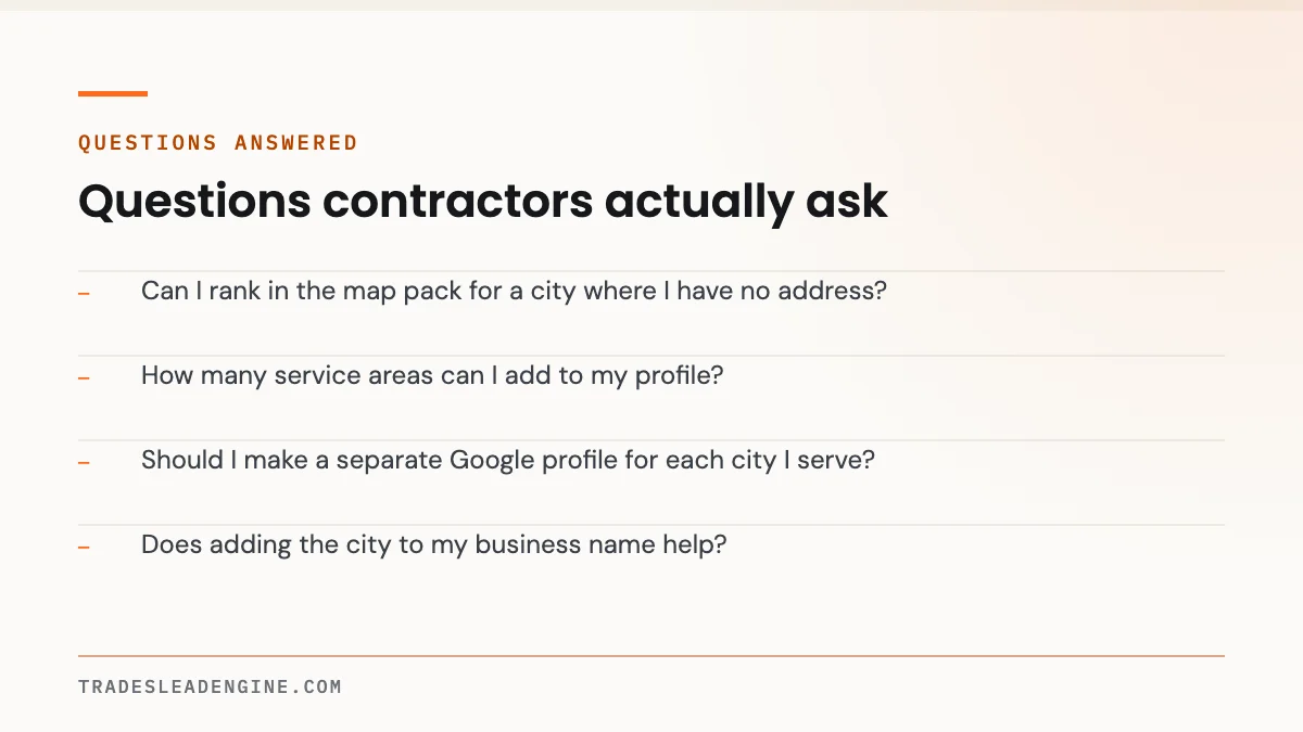 Why You Don't Show Up on Google Maps in Every City You Serve 4 Questions answered about google maps: Can I rank in the map pack for a city where I have no address? How many service areas can I add to my profile? Should I make a separate Google profile for each city I serve? Does adding the city to my business name help?