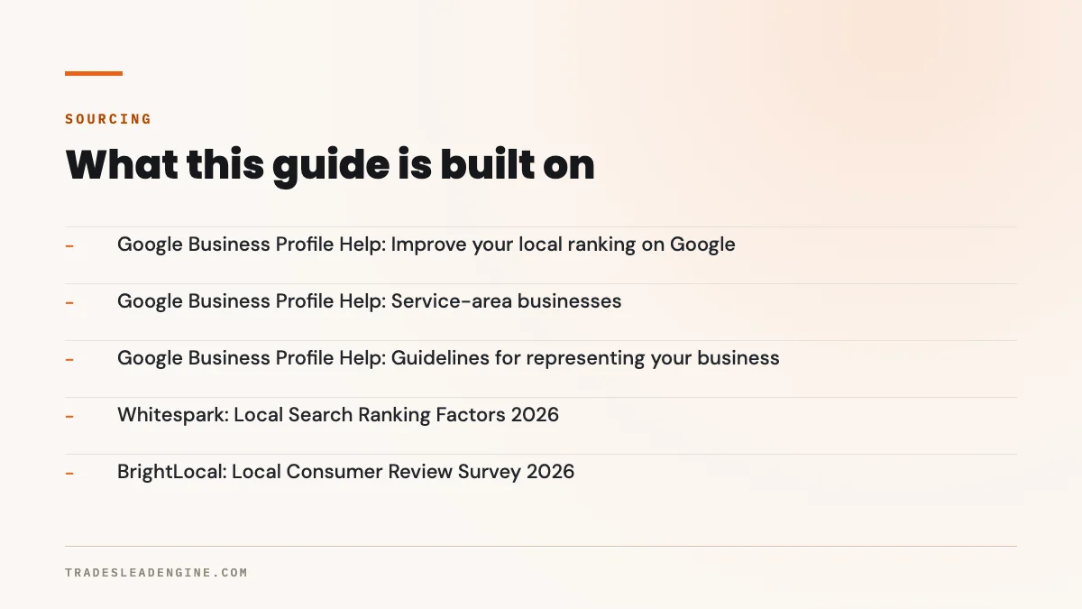 Por qué no aparece en Google Maps en todas las ciudades donde trabaja 5 Fuentes principales de esta guía sobre Google Maps: Ayuda de Perfil de Empresa en Google: mejorar su posicionamiento local; Ayuda de Perfil de Empresa en Google: negocios con área de servicio; Ayuda de Perfil de Empresa en Google: directrices para representar su negocio; Whitespark: Local Search Ranking Factors 2026; BrightLocal: Local Consumer Review Survey 2026.