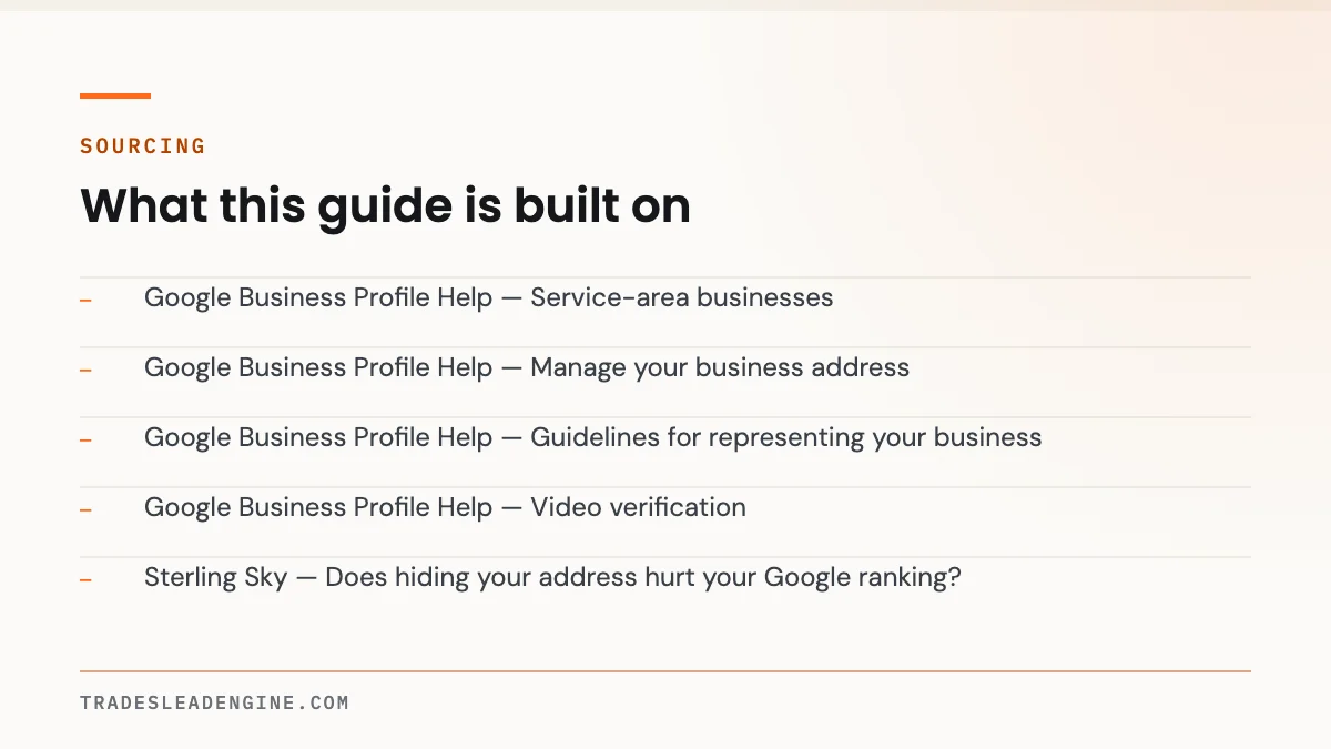 Can I Hide My Address on Google Business Profile? Service-Area Rules for Contractors 5 Primary sources used for this guide on business profile: Google Business Profile Help — Service-area businesses; Google Business Profile Help — Manage your business address; Google Business Profile Help — Guidelines for representing your business; Google Business Profile Help — Video verification; Sterling Sky — Does hiding your address hurt your Google ranking?