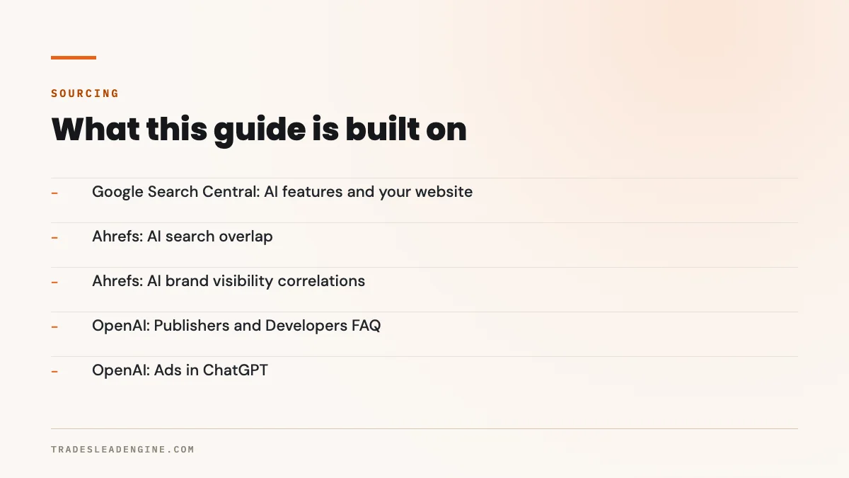 Cómo eligen realmente los AI Overviews y ChatGPT a qué contratista recomendar 5 Fuentes primarias de esta guía sobre cómo la IA elige contratistas: Google Search Central, las funciones de IA y su sitio web; Ahrefs, coincidencia en búsquedas con IA; Ahrefs, correlaciones de visibilidad de marca en IA; OpenAI, preguntas frecuentes para editores y desarrolladores; OpenAI, anuncios en ChatGPT.