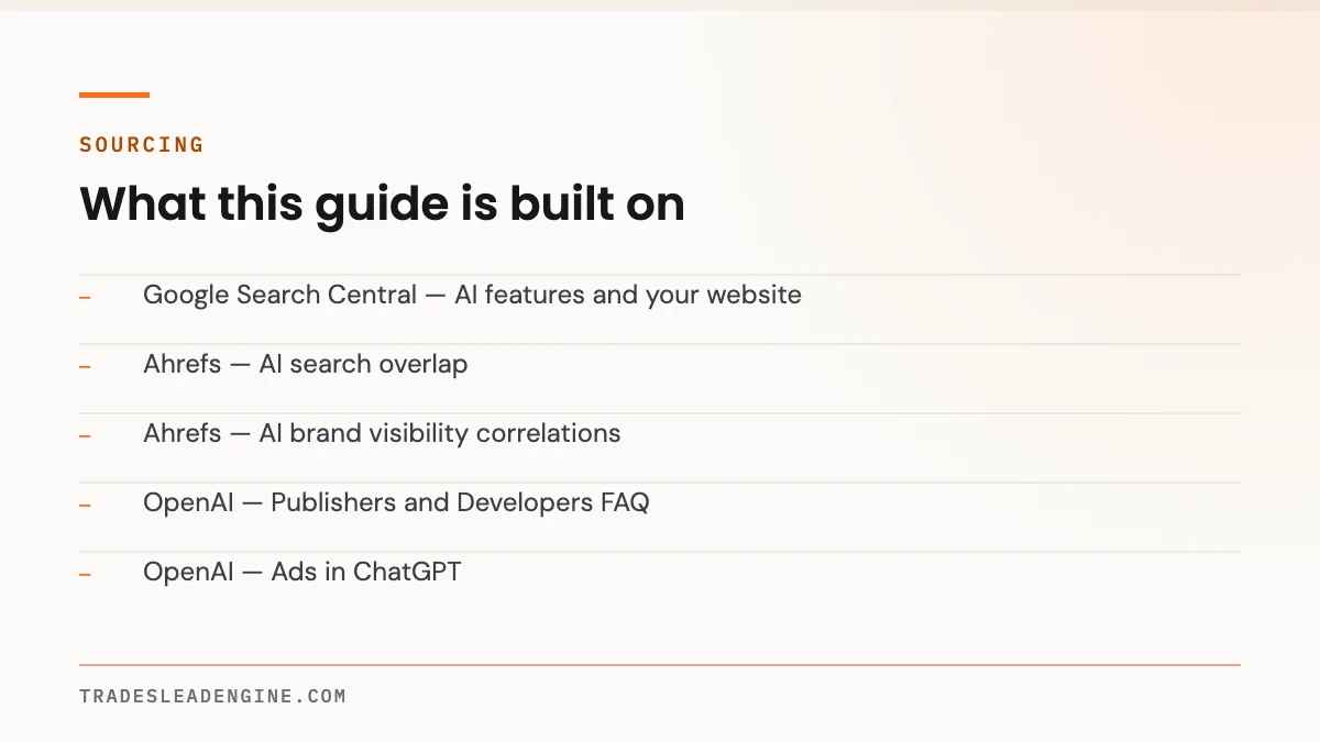 How AI Overviews and ChatGPT Actually Pick Which Contractor to Recommend 5 Primary sources used for this guide on ai picks contractors: Google Search Central — AI features and your website; Ahrefs — AI search overlap; Ahrefs — AI brand visibility correlations; OpenAI — Publishers and Developers FAQ; OpenAI — Ads in ChatGPT