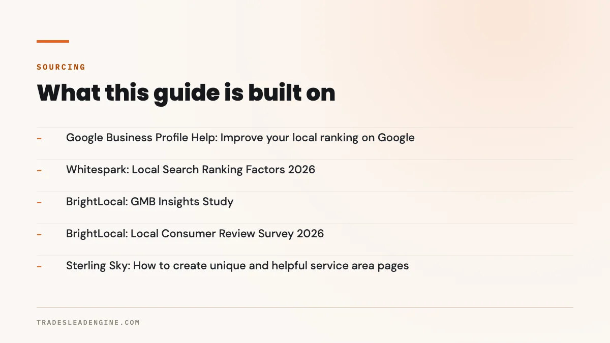 ¿Cuánto tarda el SEO local para un contratista en Texas? Lo que debe pasar a los 30, 60 y 90 días 5 Fuentes primarias usadas en esta guía de SEO local: Ayuda del Perfil de Empresa en Google sobre el posicionamiento local; Whitespark: Local Search Ranking Factors 2026; BrightLocal: GMB Insights Study; BrightLocal: Local Consumer Review Survey 2026; Sterling Sky: cómo crear páginas de área de servicio únicas y útiles.