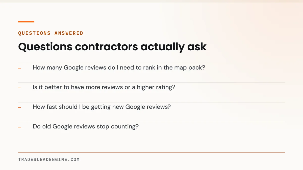 Questions answered about how many google reviews: How many Google reviews do I need to rank in the map pack? Is it better to have more reviews or a higher rating? How fast should I be getting new Google reviews? Do old Google reviews stop counting?