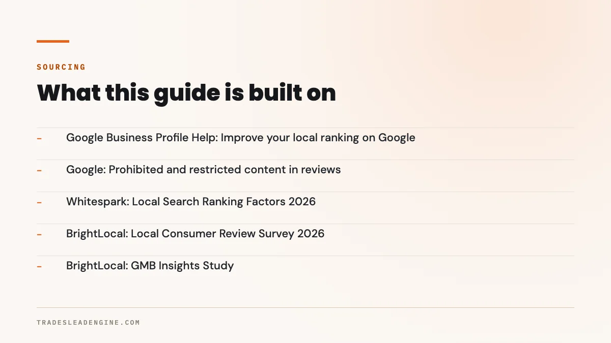 ¿Cuántas reseñas de Google necesita para superar a su competencia en el Map Pack? 5 Fuentes primarias usadas en esta guía sobre cuántas reseñas de Google necesita: Ayuda del Perfil de Empresa en Google: Mejore su posicionamiento local en Google; Google: Contenido prohibido y restringido en las reseñas; Whitespark: Local Search Ranking Factors 2026; BrightLocal: Local Consumer Review Survey 2026; BrightLocal: GMB Insights Study.