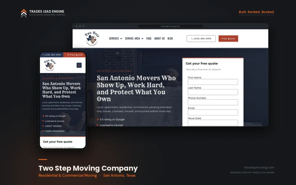 Moving company SEO case study: Two Step Moving website on desktop and mobile