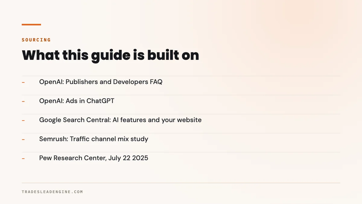 ¿Por qué mi negocio no aparece en ChatGPT? Un diagnóstico para contratistas de Texas 5 Fuentes primarias usadas en esta guía sobre aparecer en ChatGPT: OpenAI, preguntas frecuentes para editores y desarrolladores; OpenAI, anuncios en ChatGPT; Google Search Central, funciones de IA y su sitio web; Semrush, estudio de mezcla de canales de tráfico; Pew Research Center, 22 de julio de 2025.