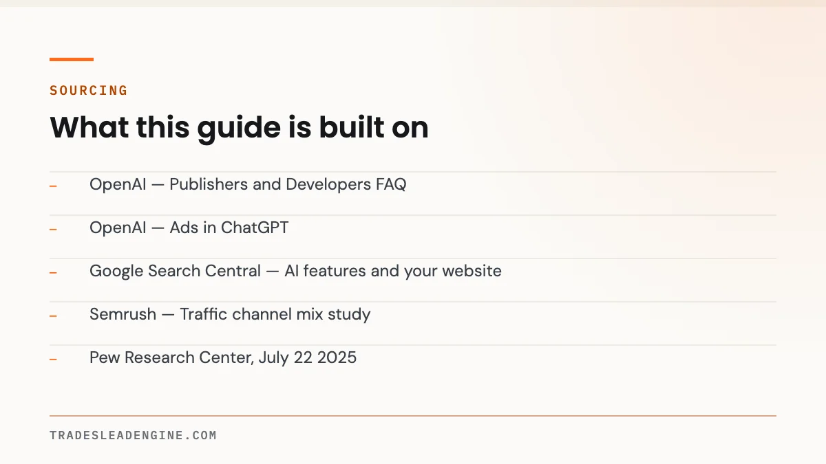 Why Isn't My Business Showing Up in ChatGPT? A Diagnostic for Texas Contractors 5 Primary sources used for this guide on showing up in chatgpt: OpenAI — Publishers and Developers FAQ; OpenAI — Ads in ChatGPT; Google Search Central — AI features and your website; Semrush — Traffic channel mix study; Pew Research Center, July 22 2025
