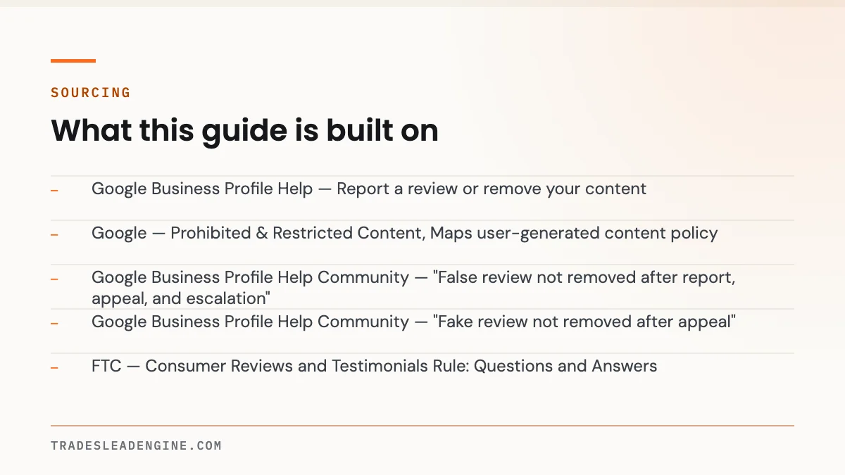 How to Remove a Fake Google Review (and What to Do When Google Says No) 5 Primary sources used for this guide on google review: Google Business Profile Help — Report a review or remove your content; Google — Prohibited & Restricted Content, Maps user-generated content policy; Google Business Profile Help Community — "False review not removed after report, appeal, and escalation"; Google Business Profile Help Community — "Fake review not removed after appeal"; FTC — Consumer Reviews and Testimonials Rule: Questions and Answers