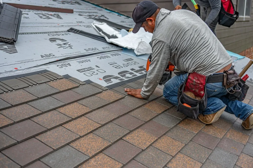 Roofer installing asphalt shingles on a residential roof