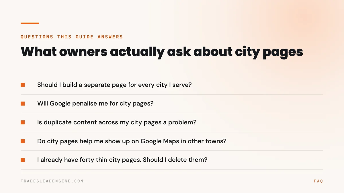 Páginas de área de servicio para contratistas: cómo hacerlas bien 5 Preguntas sobre páginas de área de servicio que responde esta guía: ¿Debo crear una página aparte para cada ciudad que atiendo? ¿Google me va a penalizar por tener páginas de ciudades? ¿Es un problema el contenido duplicado entre mis páginas de ciudades? ¿Las páginas de ciudades me ayudan a aparecer en Google Maps en otros pueblos? Ya tengo cuarenta páginas de ciudades pobres en contenido. ¿Debo borrarlas?