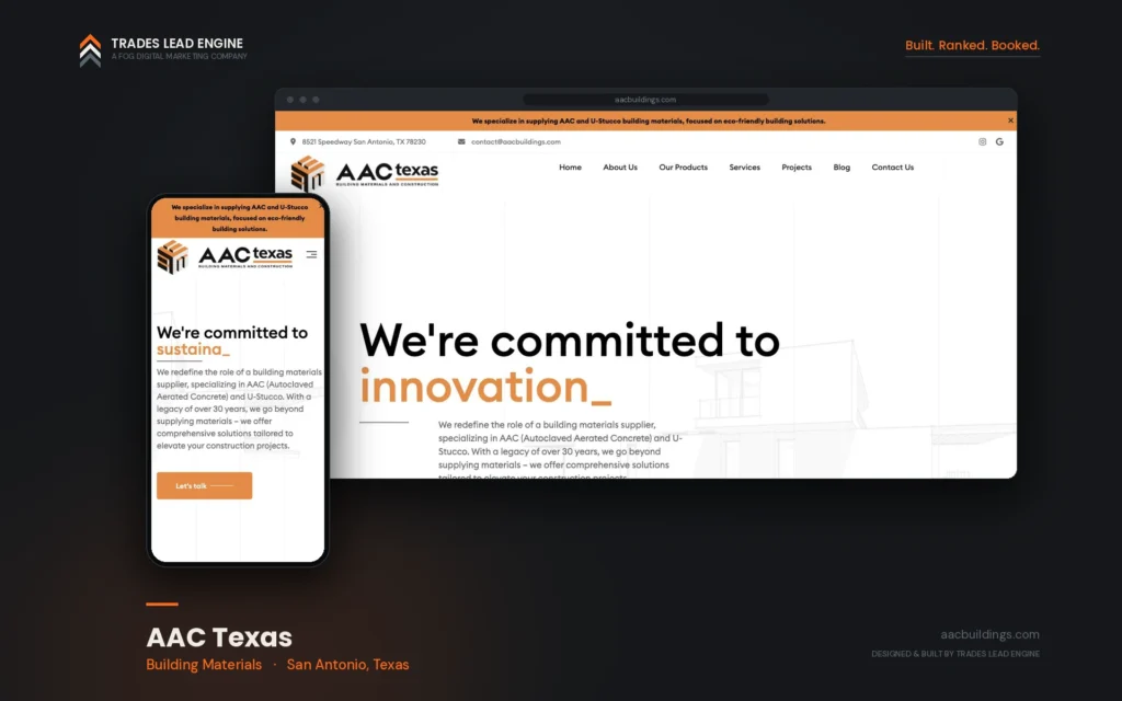 Resultados de marketing para contratistas 12 Sitio web de AAC Texas en computadora y celular, empresa de materiales de construcción en San Antonio, Texas