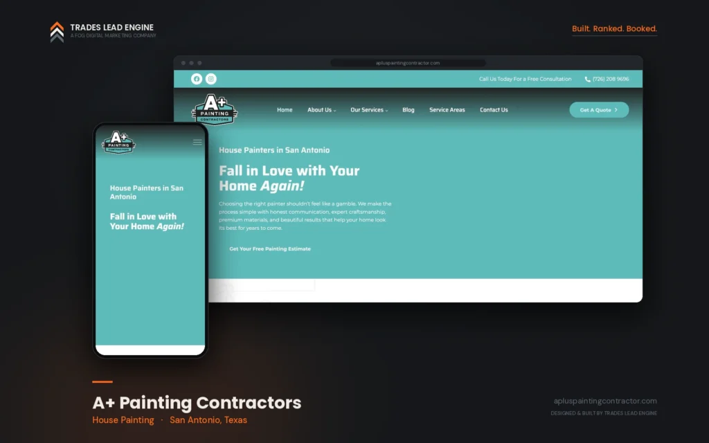 Resultados de marketing para contratistas 14 Sitio web de A+ Painting Contractors en computadora y celular, empresa de pintura de casas en San Antonio, Texas