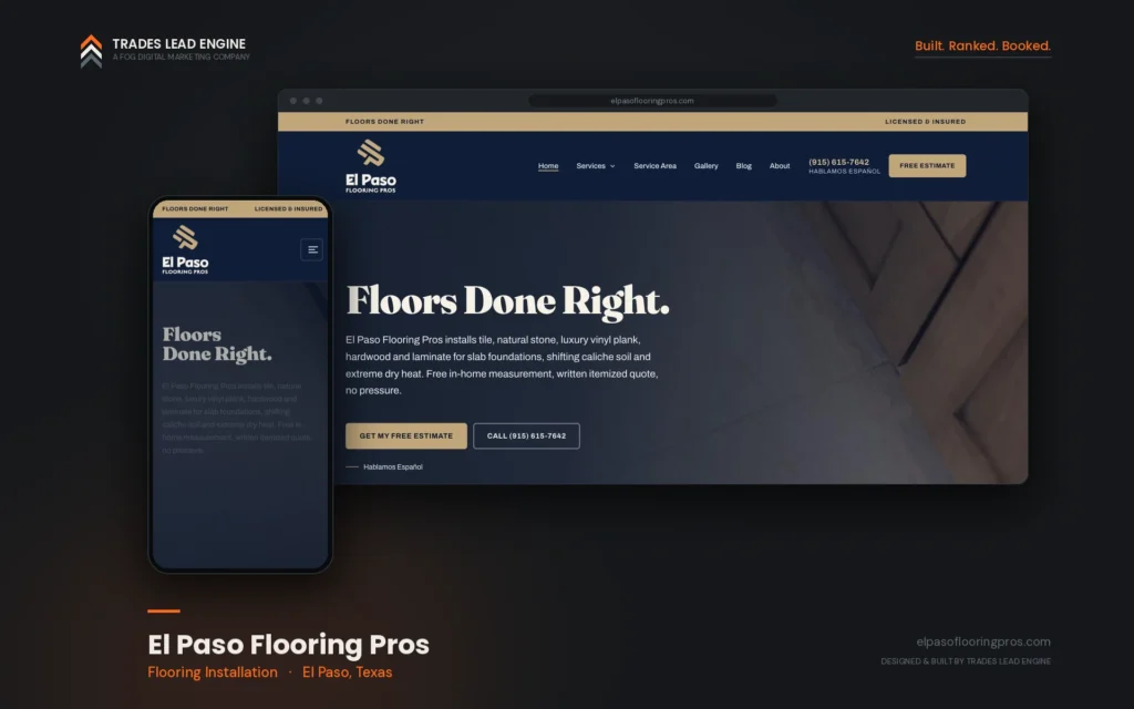 El Paso Flooring Pros website shown on desktop and mobile, flooring installation company in El Paso, Texas