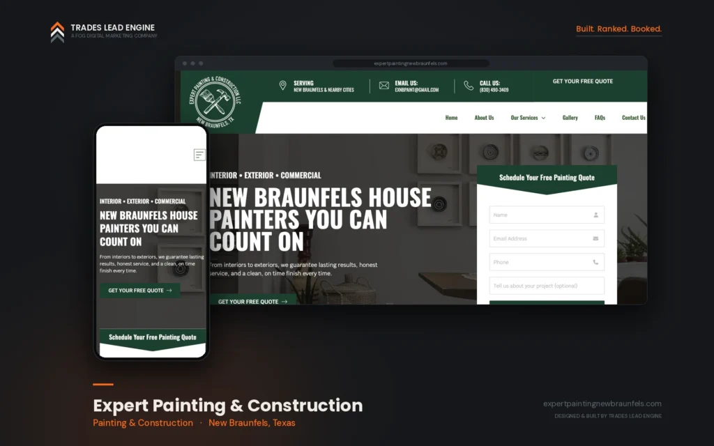 Resultados de marketing para contratistas 15 Sitio web de Expert Painting and Construction en computadora y celular, empresa de pintura en New Braunfels, Texas