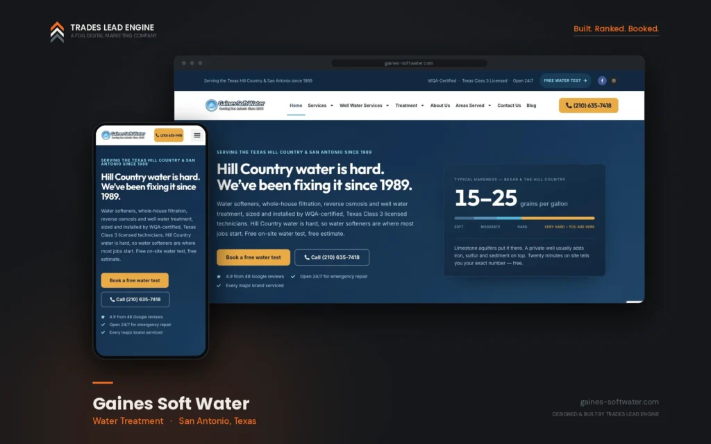 Resultados de marketing para contratistas 6 Sitio web de Gaines Soft Water en computadora y celular, empresa de tratamiento de agua en San Antonio, Texas