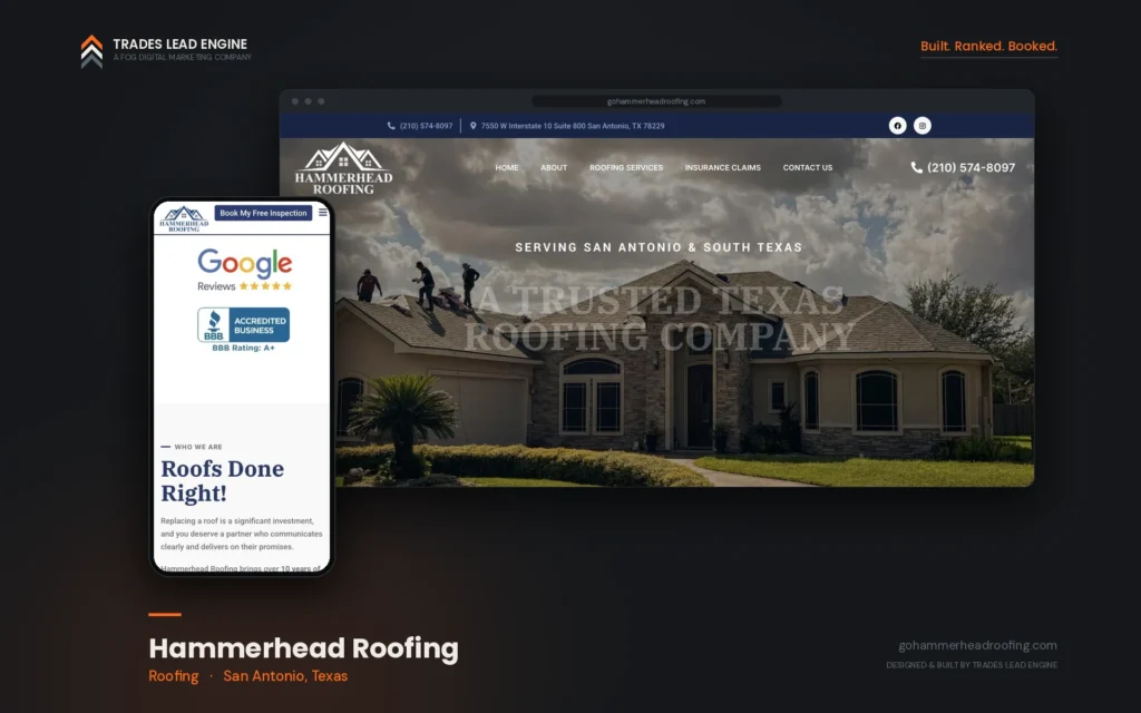 Resultados de marketing para contratistas 8 Sitio web de Hammerhead Roofing en computadora y celular, contratista de techos en San Antonio, Texas