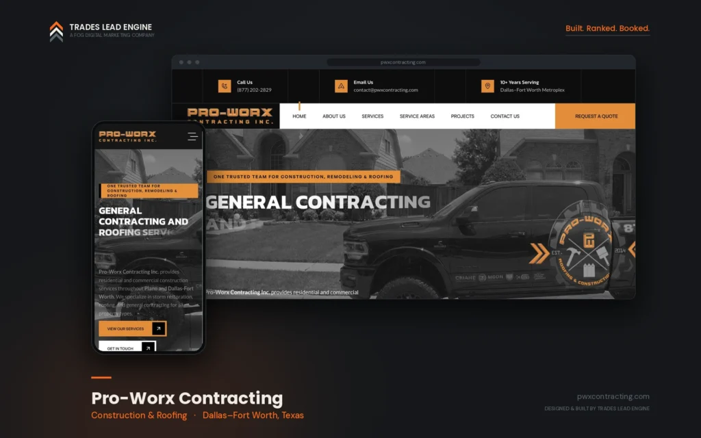 Resultados de marketing para contratistas 5 Sitio web de Pro-Worx Contracting en computadora y celular, contratista de construcción y techos en Dallas-Fort Worth, Texas