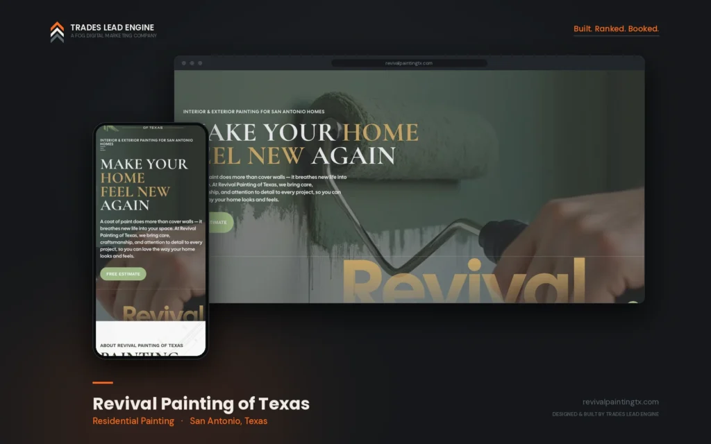 Resultados de marketing para contratistas 10 Sitio web de Revival Painting of Texas en computadora y celular, empresa de pintura residencial en San Antonio, Texas