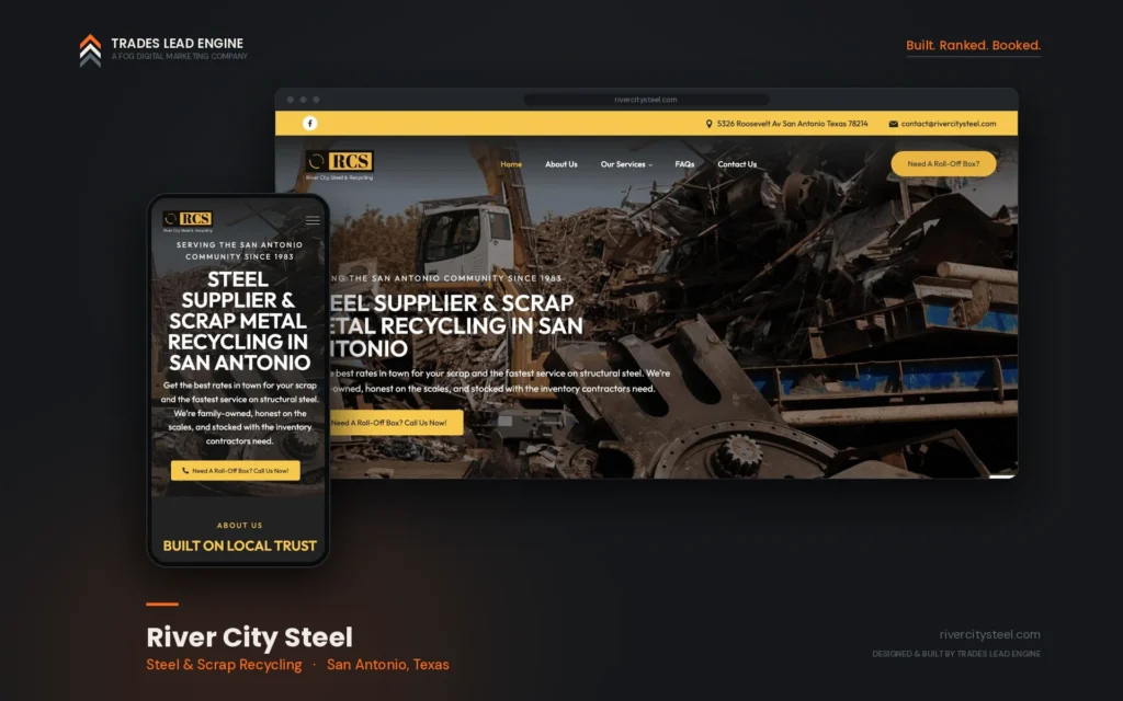 Resultados de marketing para contratistas 7 Sitio web de River City Steel en computadora y celular, empresa de acero y reciclaje de chatarra en San Antonio, Texas
