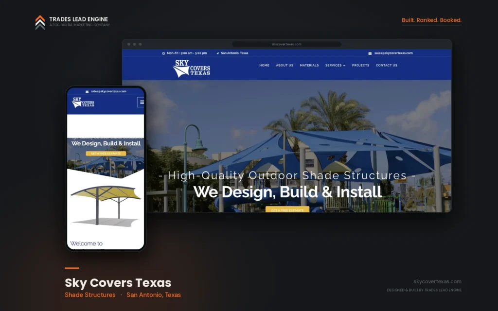 Resultados de marketing para contratistas 13 Sitio web de Sky Covers Texas en computadora y celular, empresa de estructuras de sombra en San Antonio, Texas