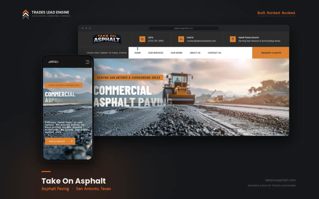 Resultados de marketing para contratistas 9 Sitio web de Take On Asphalt en computadora y celular, contratista de pavimentación con asfalto en San Antonio, Texas