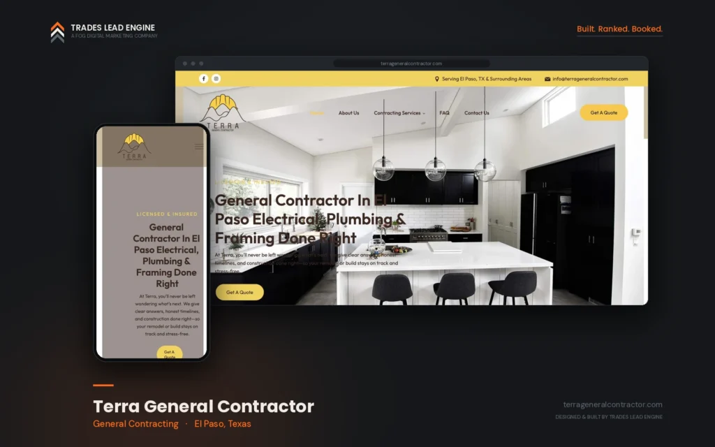 Terra General Contractor website shown on desktop and mobile: general contracting company in El Paso, Texas