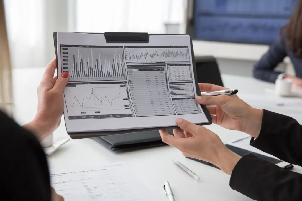 Two people reviewing scorecard charts on a tablet during a marketing meeting