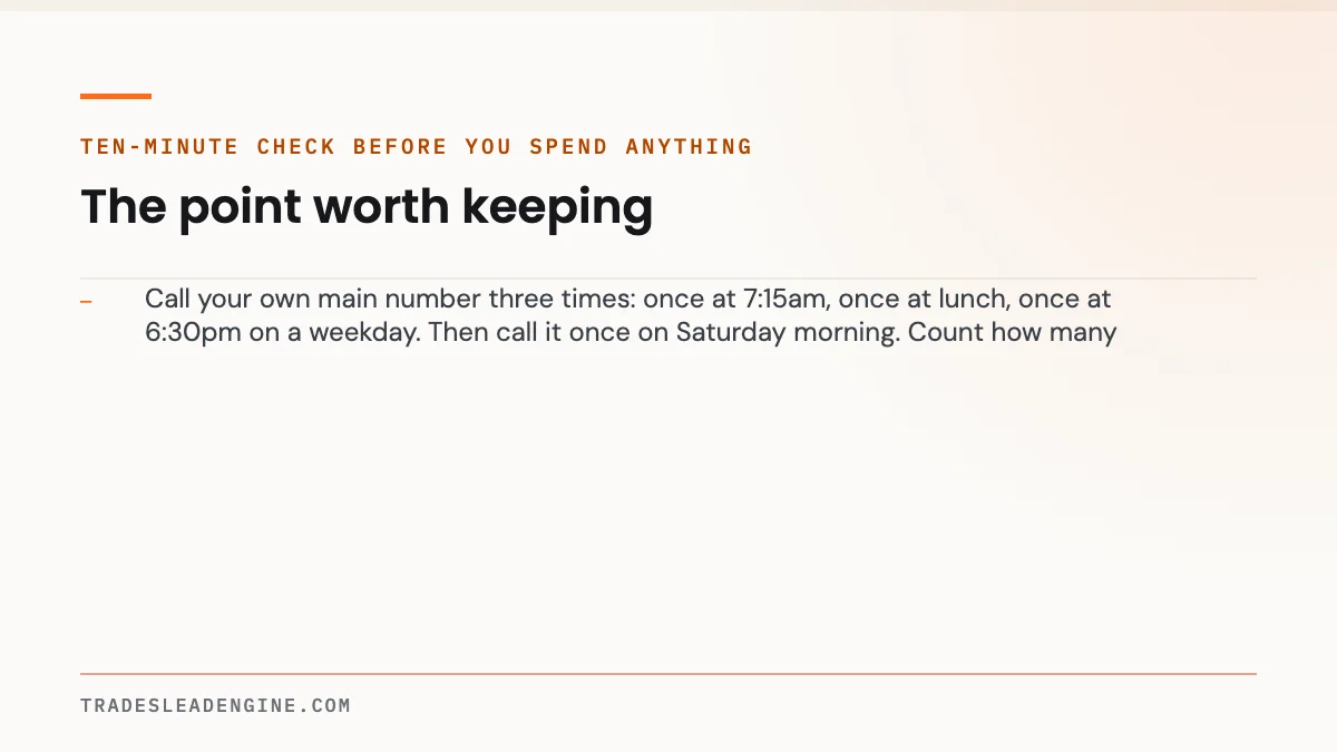 Why Your Contractor Website Gets Traffic But No Calls (2026 Diagnostic) 3 Key point on website traffic: Ten-minute check before you spend anything — Call your own main number three times: once at 7:15am, once at lunch, once at 6:30pm on a weekday. Then call it once on Saturday morning. Count how many times a