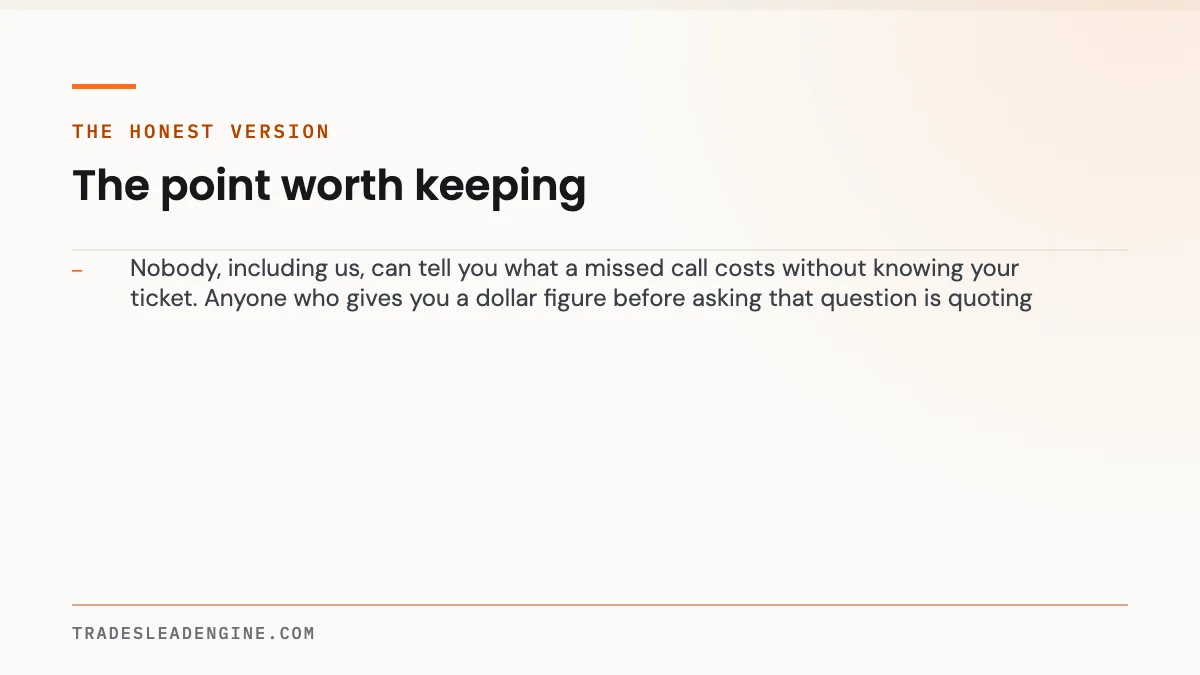 What a Missed Call Actually Costs a Texas Contractor (Real Numbers, Real Sources) 3 Key point on missed call: The honest version — Nobody, including us, can tell you what a missed call costs without knowing your ticket. Anyone who gives you a dollar figure before asking that question is quo