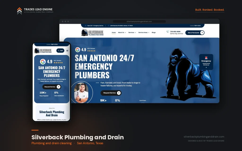Silverback Plumbing and Drain website shown on desktop and mobile, plumbing and drain cleaning company in San Antonio, Texas