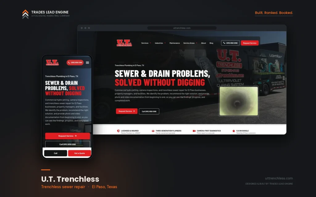 U.T. Trenchless website shown on desktop and mobile, trenchless sewer repair company in El Paso, Texas